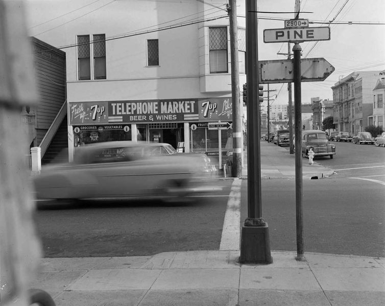 Telephone-Market-at-Pine-and-Baker-street-San-Francisco,-1950s